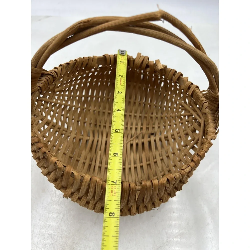 VTG Hand Woven Wicker Buttocks Basket Natural Wood Split Reed God's Eye Handle